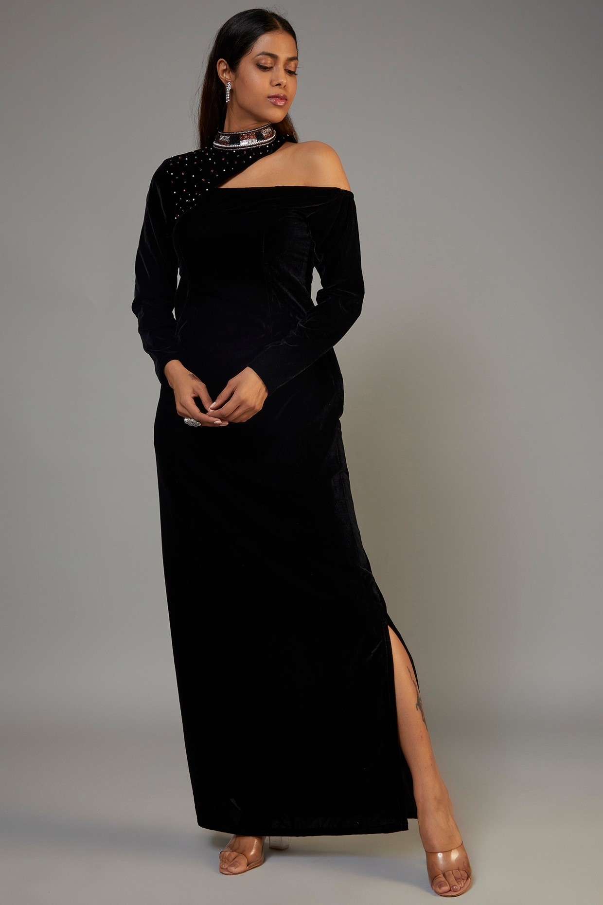 Alessandra Rich Long-sleeved Velvet Gown In Black | ModeSens